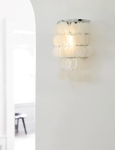 Image of Battery Powered Sconces Wall Lighting Fixture with Nature White Shell Shades, Wireless Tiered Seashell Wall Mounted Lamp for Bedside Nightstand Light Bedroom Hallway