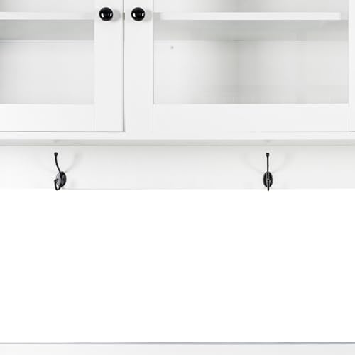 Image of 63 inch White Kitchen Hutch Cabinet with Microwave Shelf Tabletop, Large Freestanding Pantry Cupboard 4 Doors 4 Drawers Storage Sideboard Buffet