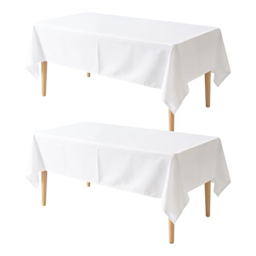 Image of 2 Pack Table Cloth 70 x 120 Inch, Rectangle Tablecloth, Stain and Wrinkle Resistant Washable Polyester Table Cover for Buffet Party, Dinner, Weddings and Camping, White