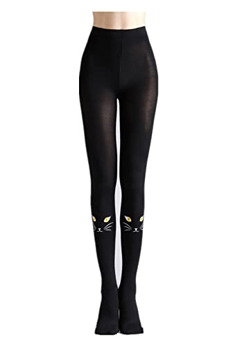 Black Sugar Collant Tatouage Chat Lapin Ours Ourson Panda Blanc Noir Bicolore Peau Nœud Papillon Femme Fille Adulte Ado Opaque Kawai Japonais Mignon (Tout Noir Chat)...