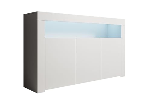 MB Muebles Bonitos, Aparador Aker con Luz LED y 3 Puertas para Salón Comedor, Mueble TV de Melamina Mate, Color Blanco, 155x91,5x37 cm