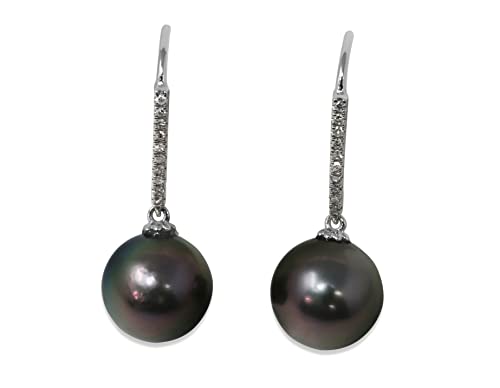 14K White Gold Genuine Tahitian Pearl 10mm and Diamonds Dangle Earrings2