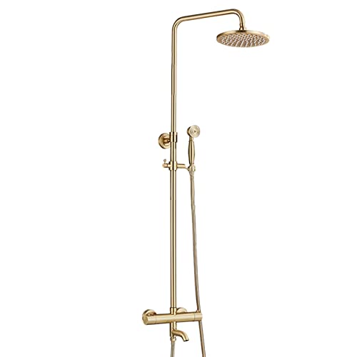 Robinet douche thermostatique or brossé avec pommeau pluie et bec rotatif