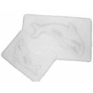HometexstyleWhite Dolphin Bath Mat & Pedastal Mat Set 2 piece Non Slip