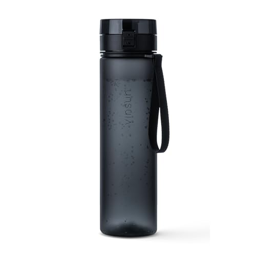 VINSUN Trinkflasche 1L schwarz - auslaufsicher, Kohlensäure geeignet, BPA frei, Tritan, Einhandbedienung - Leichte Wasser Flasche für Sport, Schule, Uni, Fahrrad