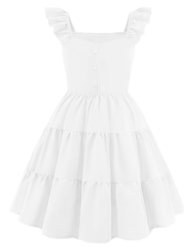 Arshiner Girls Flutter Sleeve Sundress V Neck Button Down Swing Dress White Wedding Guest Dresses 13-14Y
