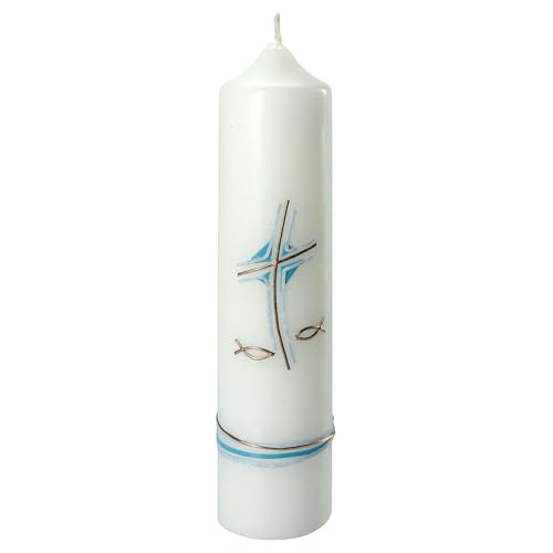 Light Blue Candle for Baptism, Cross and Fishes, 265x60 mm