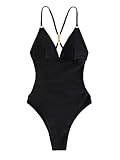SOLY HUX Women's Sexy Criss Cross Backless One Piece Swimsuit Deep V Neck Bathing Suit Monokini Swimwear Solid Black M