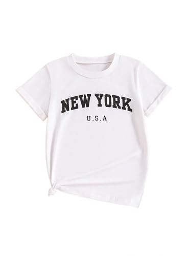 Image of Girls Shirts Short Sleeve Graphic Tees Crew Neck Casual Summer Tops White 9-10Y