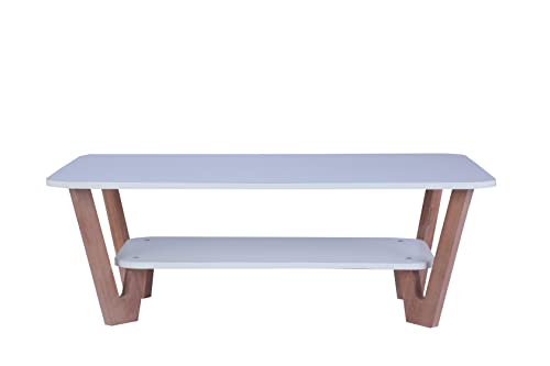 Image of Wooden Coffee Table with Solid Wood Legs, Engineered Wood Center Table for Living Room, Frosty White Finish