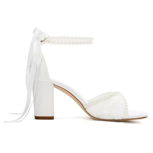 Lace Wedding Shoes for Bride Pearl Heels Bridal Shoes Block Heel Wedding Sandals4