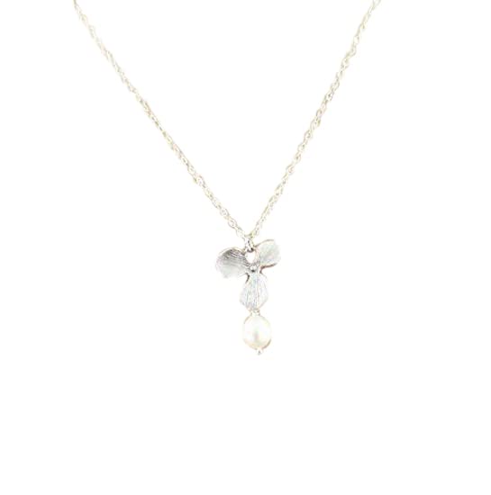 Small Orchid Flower and White Pearl Necklace on 925 Silver