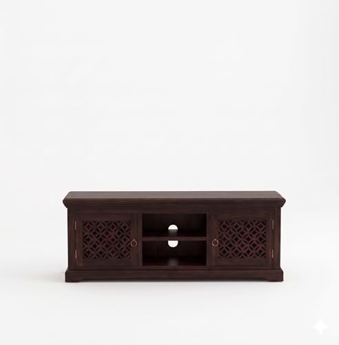Image of Sheesham Wood Multipurpose Entertainment TV Unit Cabinet with Shelf Storage for Home Living Room Solid Wooden Furniture for Office Decor-Walnut