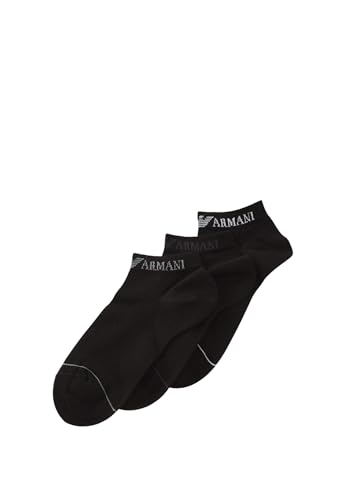 Emporio Armani Paquete de 3 calcetines con logotipo extendido para hombre, color negro, talla S/M, Negro, S