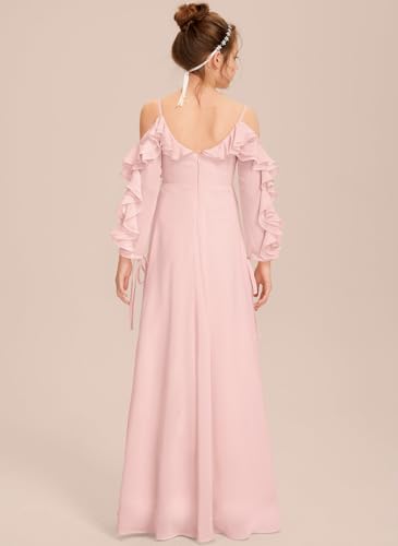 Off Shoulder Junior Bridesmaid Dresses with Sleeves Long A Line Ruched Ruffles Chiffon Flower Girl Dress for Wedding2