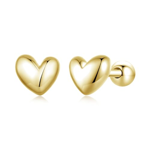 18g Gold Mini Heart Sterling Silver Hypoallergenic Pierced Earrings for Women Girls Minimalist Love Hearted Bead Stud Tiny Small Cartilage 3mm Ball Screw Back Tragus Cute Birthday Christmas Valentines Jewelry Gifts