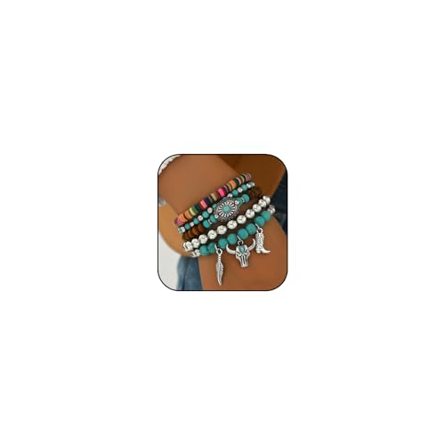 Bohemian Beaded Bracelet for women Vintage Turquoise Wood Beads Bracelet Western Jewelry Set for Men Boho Ox-head Cactus Cross Stretch BraceletS Tribal Ethnic Unisex Accessories