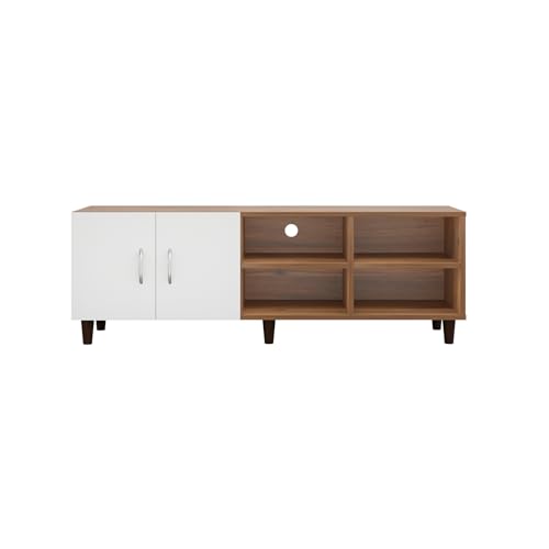 Image of VIKI Modern TV Unit for Living Room | Engineered Wood TV Cabinet with 2 Door Storage & 2 Open Shelves, Entertainment Unit, 140W x 48H x 40D cm | DIY | 1 Year Warranty (Walnut & White)
