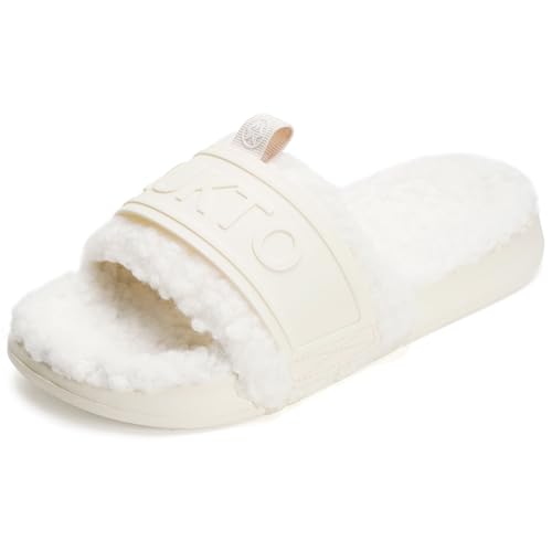 House Slippers for Women Open Toe Fuzzy Slide Slippers with Arch Support Women's Warm Faux Fur Slip on Bedroom Slippers for Plantar Fasciitis Indoor House Shoes Flat Sandals,Beige,US 7-8=240