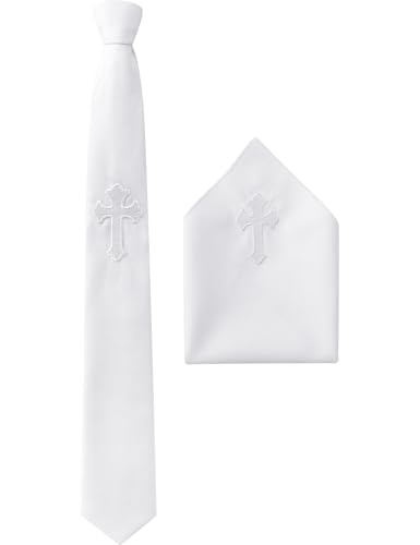AGJ First Communion Tie for Boys and Hanky Set with Embroidered Cross Baptism and First Communion White 51 Inch