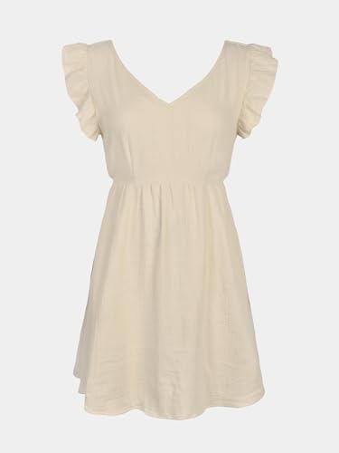 Image of CUPSHE Women's Mini Dresses V Neck Flutter Sleeve Self Tie Back Cotton A Line Short Summer Dress Beige, L