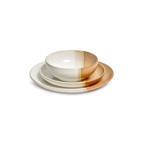 Image of Sango 12 Pieces Stoneware Dinnerware Set, Glossy Caramel & Cream Dishes for 4, Premium Plates and Bowls Sets, Chip & Scratch Resistant, Ceramic Kitchen Dish Set, Microwave & Dishwasher Safe, Phoebe