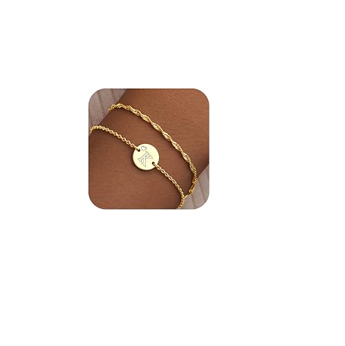 Gold Initial Heart Bracelets for Girl Women Trendy, Layered Dainty Initial Gifts Personalized Disc Letter Charm A-Z Bracelets for Teen Girl Women Jewelry Gifts