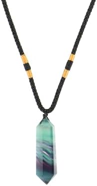 Xrate Natural Healing Stone Necklace, Rainbow Healing Crystal Pendants, Hexagonal Chakra Quartz Fluorite, Adjustable Rope Energy Stone Necklace Pendant for Meditation, Balance Reiki, Men Women Gift