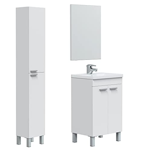 HOMN LIVING Mueble de Baño Levis 2 Puertas, Espejo, Columna 2 Puertas y Lavabo cerámico, Acabado en Blanco Brillo, 50 cm (Ancho) x 40 cm (Fondo) x 80 cm (Alto)