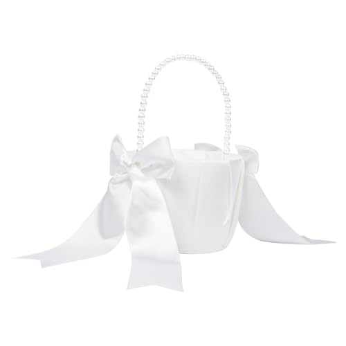 Panier ivoire avec anses en perles, panier à fleurs en satin pour bouquetière, panier de mariage, cérémonie, fête