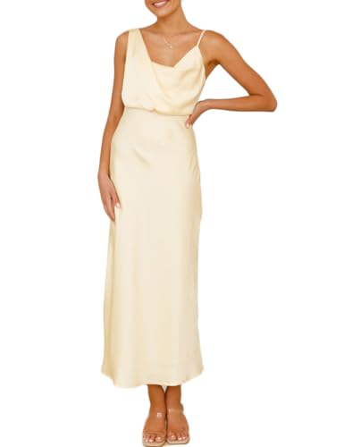 Vestido Midi de satén de Verano para Mujer, Elegante, Formal, de Seda, Tirantes Delgados, Espalda Descubierta, para invitada de Boda, Amarillo, Large