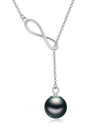 Tahitian Black Pearl AAAA 18K White Gold Plated Sterling Silver Y Necklace for Anniversary Birthday Christmas Jewelry Gift for Women Wife Mom Girlfriend Her