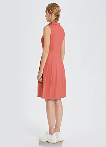 Baleaf Women's Knee Length Golf Dresses Pleated Dress Sleeveless Stretch Dress Elegant Polo V Neck Upf 50+ Skirts Coral Red L #TOP1