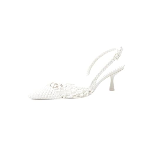 Kitten Heels for Women Woven White Bridal Pumps Closed Pointed Toe Slingback Heels Mesh Breathable Sandals Dressy Wedding Shoes
