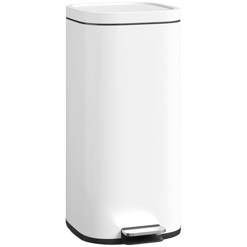 HOMCOM 30L Kitchen Bin with Lid, Compact Pedal Bin with Soft-Close and Stay-Open Lid, Removable Inner Bucket, Fingerprint-Resistant for Kitchen, Home, Office, Bedroom, White