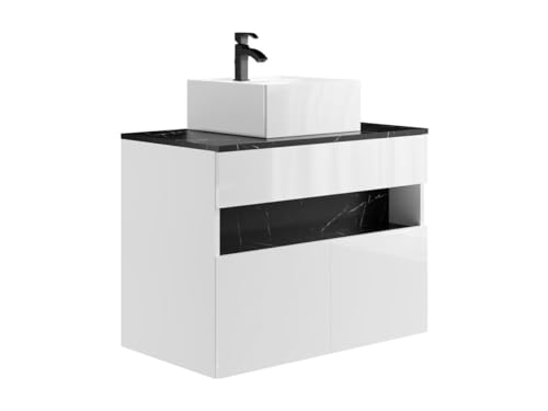Vente-unique-Mueble Flotante de baño con Luces LED y Lavabo sobre encimera - Blanco y Negro con Efecto mármol - Ancho 80 cm - POZEGA