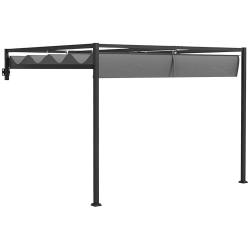 Outsunny 3 x 4m Lean To Pergola with Retractable Roof Wall Mounted Garden Gazebo Outdoor Sun Shade Shelter for Patio Deck