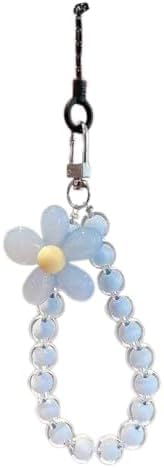 Colorful Flower Daisy Transparent Beaded Phone Charm Y2K Cute Phone Strap Pink Yellow Green Daisy Lanyard Jewelry Keychain Charm for Women -pure blue
