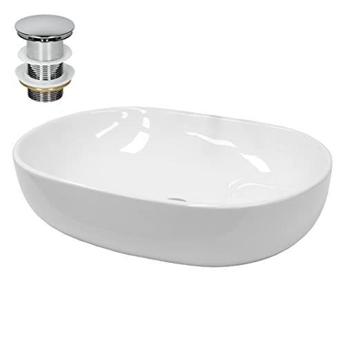LuxeBath Waschbecken Keramik 600x420x145 mm oval Weiß mit Ablaufg...