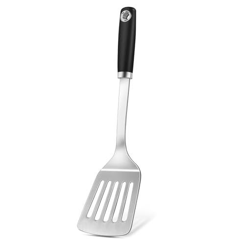 Stainless Steel Spatula, Metal Spatula Slotted Turner, Heavy Duty Sturdy Spatulas for Kitchen Use, High Heat Resistant Cooking Utensils for Fish Eggs Pancakes, Dishwasher Safe, Easy to Clean, Silver