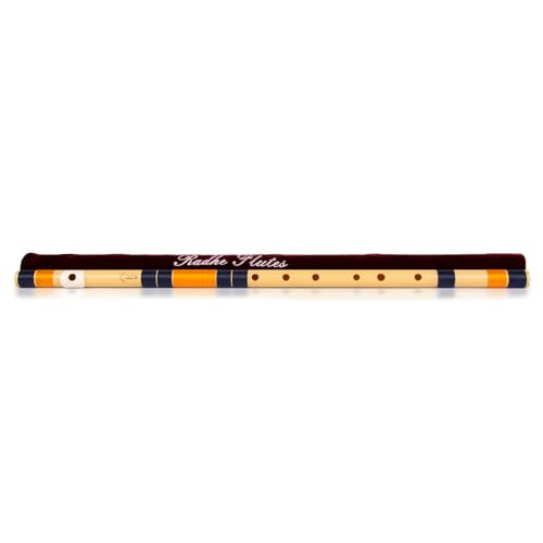 Image of Radhe Flutes | E Natural Right Handed Base Bansuri | Tuned With Tanpura A=440Hz | PVC Flute + Velvet Cover + Hindi & English Flute Lessons | PERENT (Beige Flute With Dark Blue & Orange Threads)