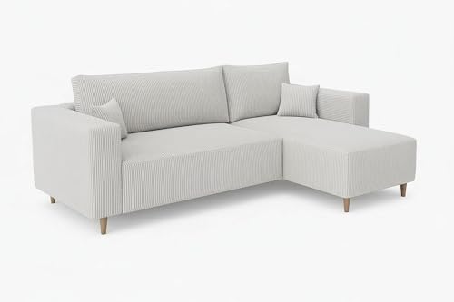 MARPUR Ecksofa Rio, Eckcouch in L-Form mit Schlaffunktion und Bettkasten, Farbe: Hellgrau, Cordstoff, Ottomane Universal