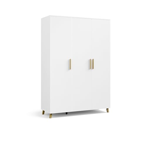 Rauch Möbel Shinjo Kleiderschrank, Garderobe, für Schlafzimmer, Kinderzimmer, Babyzimmer, 3-türig mit Griffen und Füßen aus Massivholz, Farbe Weiß, 140x203x53cm