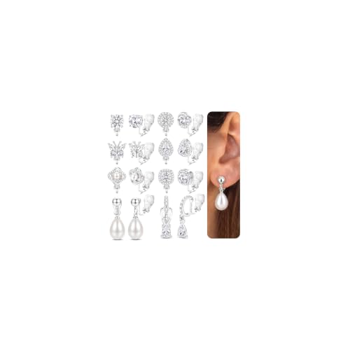 KALVICA 8 Paires Boucles d'Oreilles Clips Femme Boucle d'Oreille Perle Zircone Cubique Boucles d'Oreilles À Clip En Or Argent Faux Piercing Oreille Hypoallergénique Lot Bijoux Femme