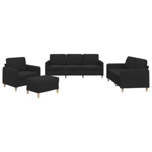 vidaXL Sofagarnitur 4-TLG., Sessel Couch mit Kissen Fußhocker, Sofa Wohnzimmersofa mit Armlehnen, Couchgarnitur Designsofa Sitzmöbel Polstermöbel, Schwarz Stoff