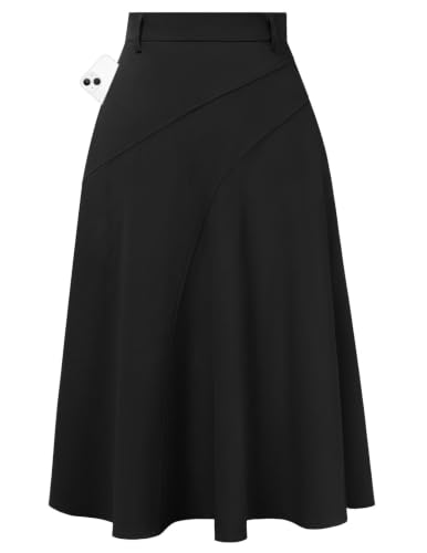 Image of Women's Business Casual Midi Skirt, High Waist Flowy Skirts with Pockets | Flowy, Work, Basic, Elegant, Teacher, Formal, Office, Funeral, Church, Fashion, Outfits, Clothing
