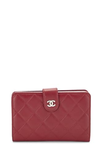 Pre-Loved Red Quilted Lambskin Compact Zip Around Wallet, Red