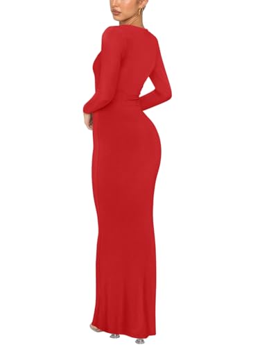Image of REORIA Women's Sexy Crew Neck Lounge Long Dress Elegant Long Sleeve Ribbed Bodycon Maxi Dresses