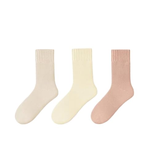 HIKOO DAILY 3 pares de calcetines de lana para mujer, para otoño e invierno, cálidos, color nieve, gruesos, peludos, suaves, posparto, calcetines para dormir, Avena-amarillo-rosa C, Sizes 34-40