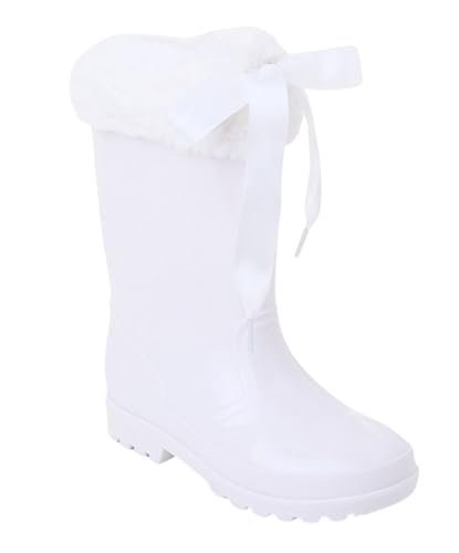 SIRRI Girls' Ribbon Wellington Boots with Faux Fur Trim - Stylish Waterproof Wellies for Rainy Days
